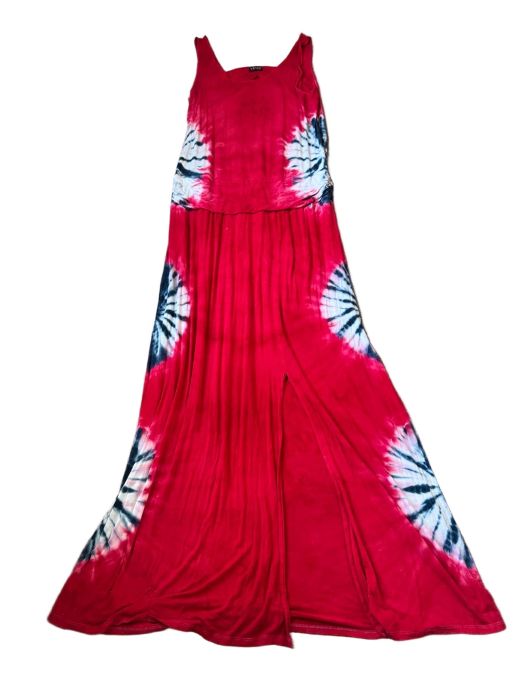 Venus Red Tie Dye Maxi Dress Sleeveless Scoop Neck Side Slit Boho SIZE OS